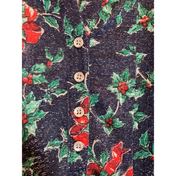 Kim Rogers Popover Top Womens Medium Glitter Holly Christmas Print Roll Tab - Picture 3 of 13